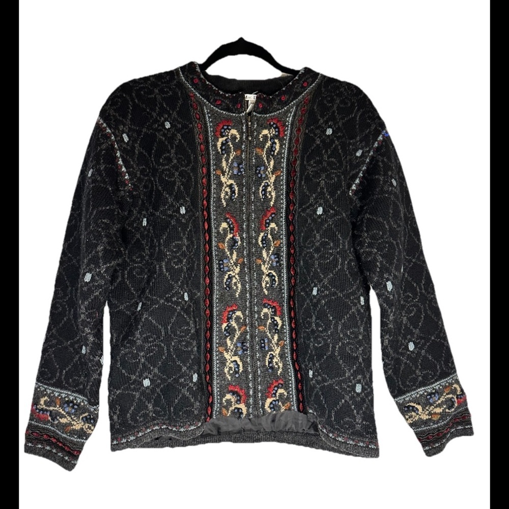 MAC DUFF Women’s 100% Wool Black Embroidered Full Zip Sweater Sz M